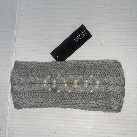 Badgley Mischka Headband Ear Warmer Grey Pearls Cable Knit Fancy Girlie City NEW - Picture 1 of 6